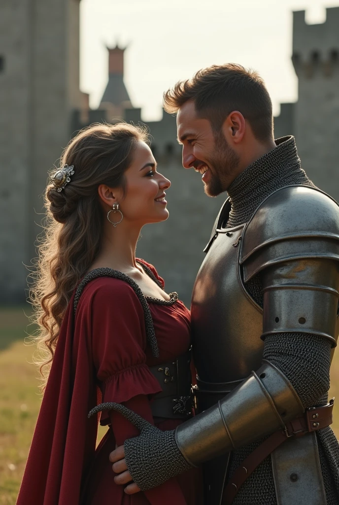 (((Medium shot))), couple, (a man and a woman), two individuals, outside the castle, jousting, playful, playful, sweet, happy, smile, armor, chain mail, armor, happy, pretty eyes, playful, surrealism, pov, romanticism, cinematic lighting, 8K, UHD, masterpiece, ccurate, anatomically correct, textured skin, high detail, high quality, high resolution, award-winning, best quality, 16K, bad body, bad hands, bad legs.