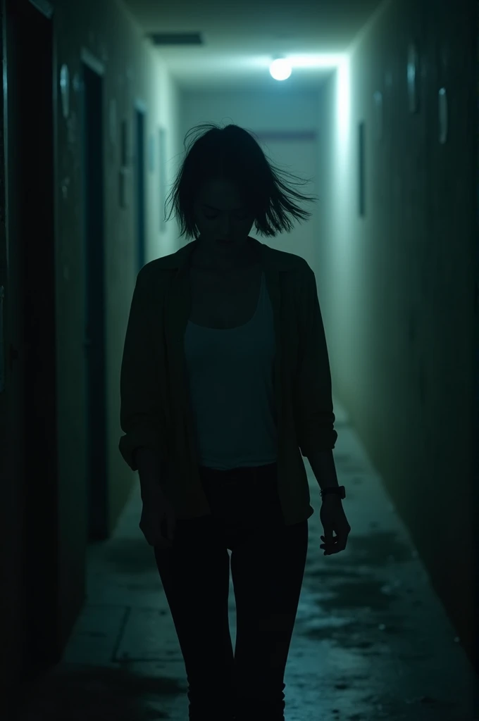 suddenly, she hears a noise behind her, like footsteps following her. She stops and turns her head quickly, but she doesn't see anyone. The noise stops. Her breathing quickens, She thinks: "Who's there?"