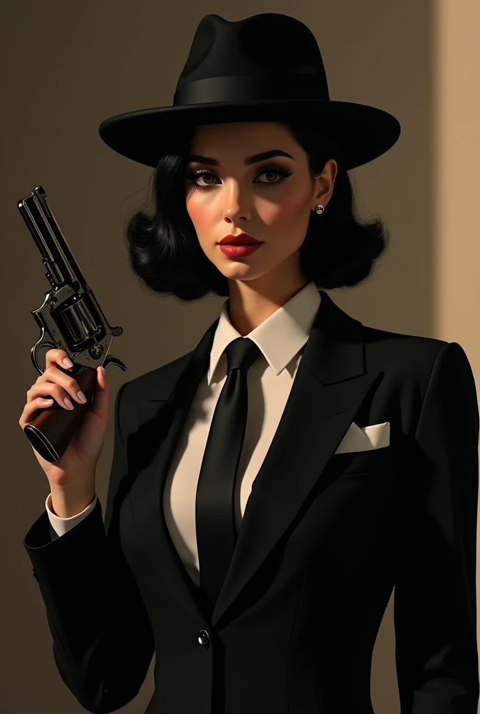 Sonata Dusk as Michael corleone with black hair color female with black suit white shirt and black necktie with a revolver gun and Fedora Godfatger 1945
