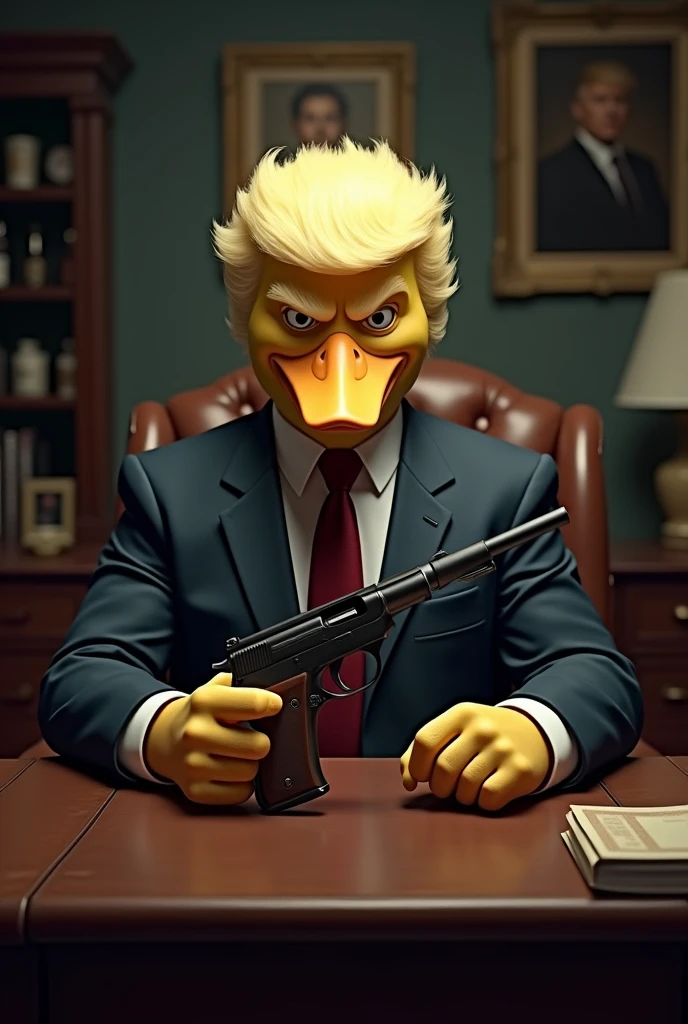 Mafia duck with hair of donald trump, sitting in office, gun on the table