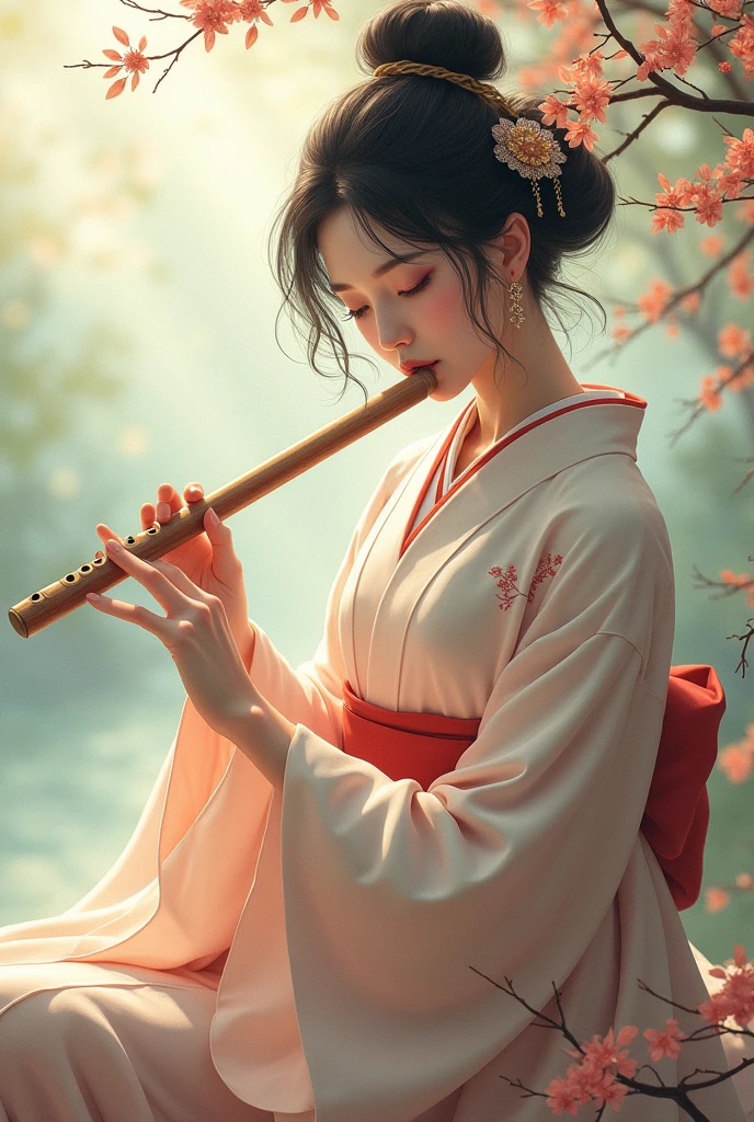 Playing the flute in traditional Japanese clothing(flute)Woman playing
