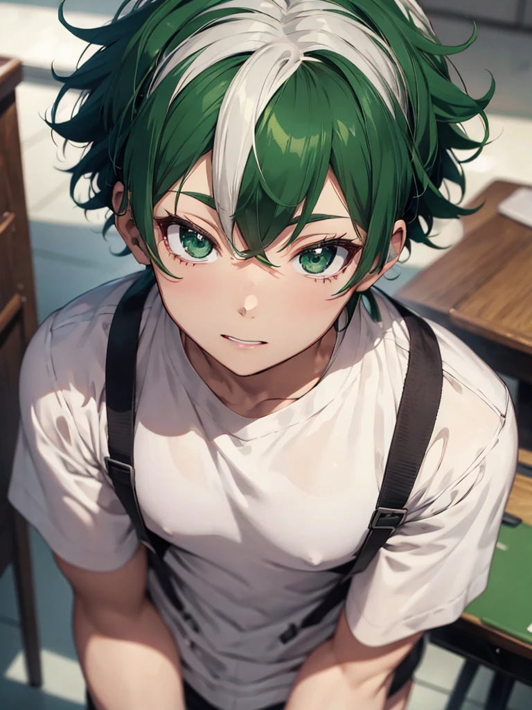 Izuku Midoriya With white hair and green eyes, age .