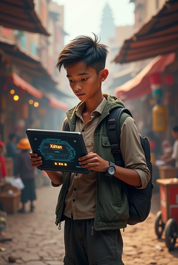 a trader boy with lepotop and write XaYan