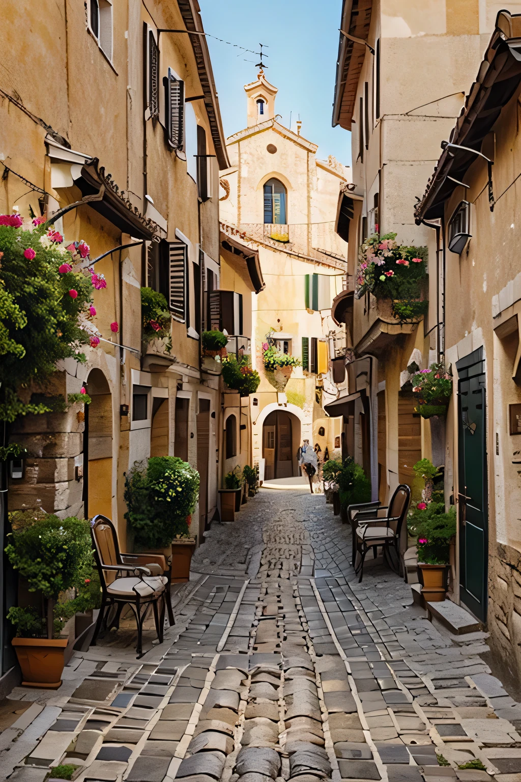 a charming italian village with cobblestone streets, on a beautiful summer afternoon with beautiful flowers in the windows of the houses, fountain, restaurants, bread shops and church with happy people, happy people, tables and chairs in the street
