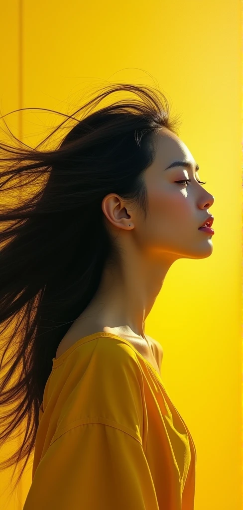 a painting depicts the wind blowing a woman's hair, in the style of Dmitri Danish, digital art techniques, dark yellow, yan jun cheng, serene faces, Richard S. Johnson, dark gray and light