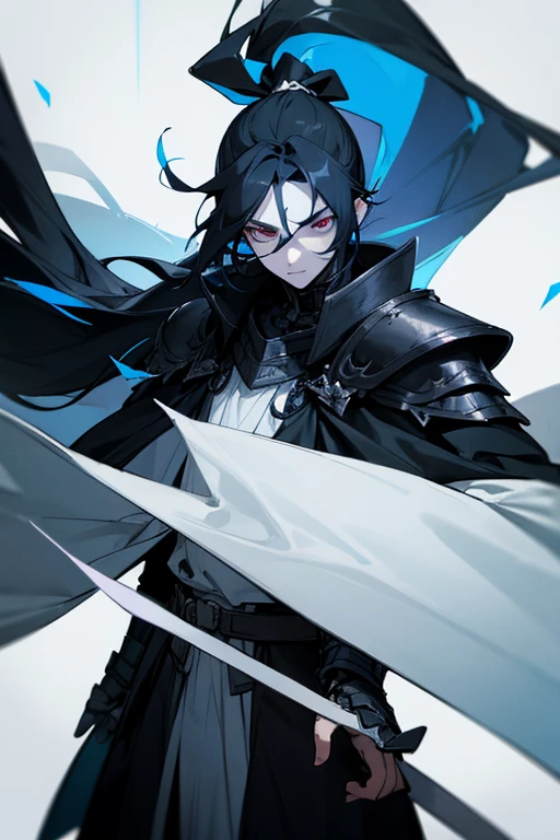 A Man, pale skin, with very long black hair with blue highlights tied in a high half ponytail. White eyes with black sclera. a black armor with white details, along with a black cape.