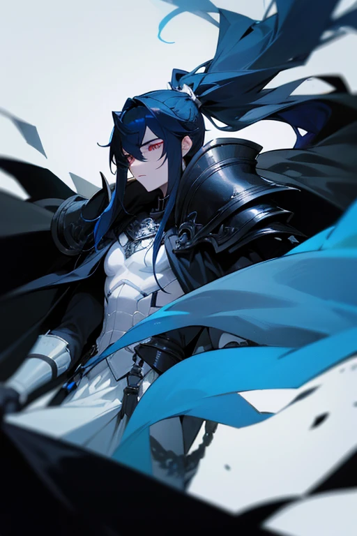 A Man, pale skin, with very long black hair with blue highlights tied in a high half ponytail. White eyes with black sclera. a black armor with white details, along with a black cape.