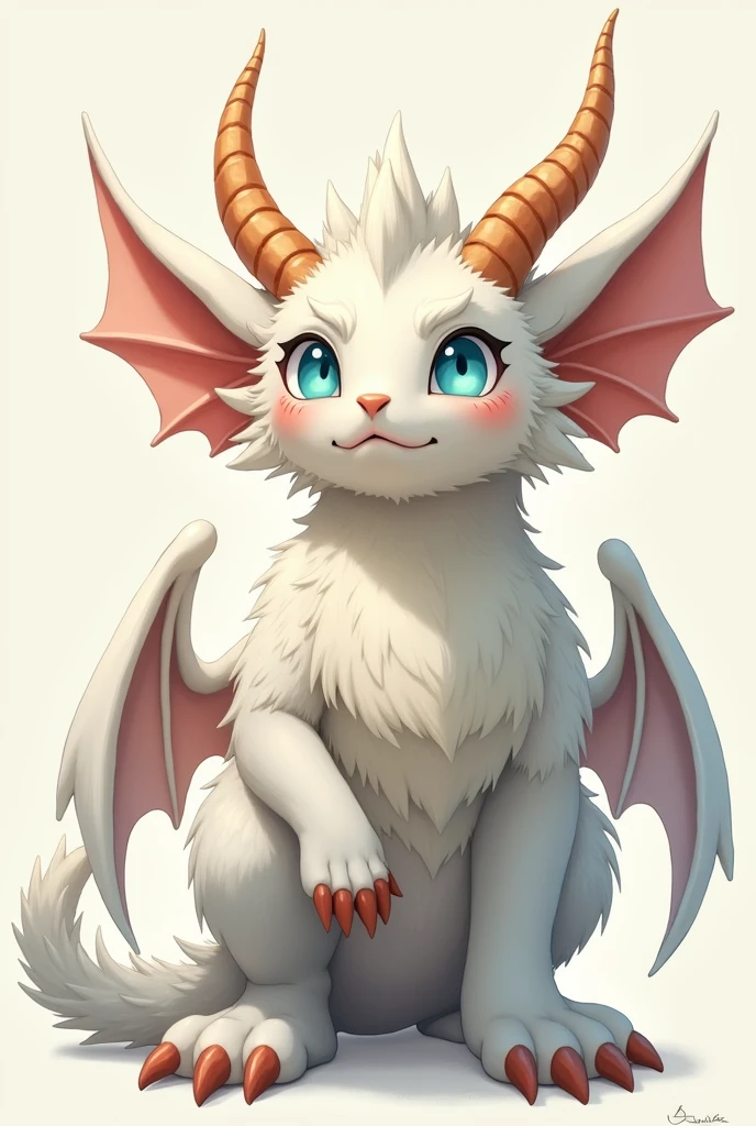 furry art, feral, furred dragon, male, white fur, wings, 4 ears, four ears, 4 big ears, multiple sets of ears, many ears, horns, tail, chest fluff, paws, fangs, embarrassed, happy, blind, faded eyes, faded blue eyes, faded cloudy eyes, staring off into space, quadruped