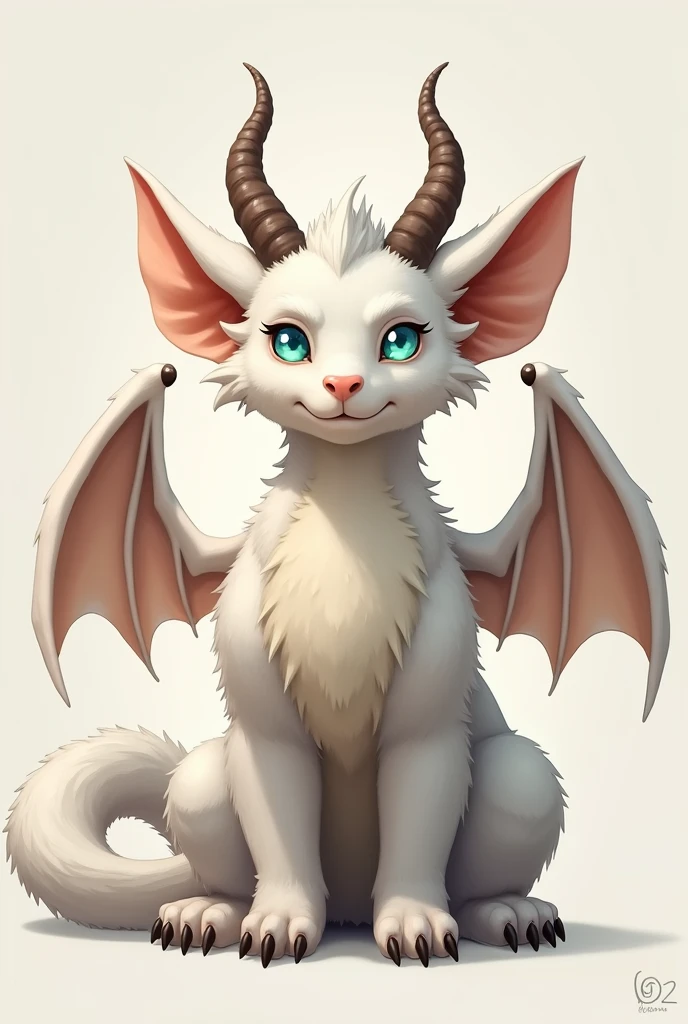 furry art, feral, furred dragon, male, white fur, wings, 4 ears, four ears, 4 big ears, multiple sets of ears, many ears, horns, tail, chest fluff, paws, fangs, embarrassed, happy, blind, faded eyes, faded blue eyes, faded cloudy eyes, staring off into space, quadruped