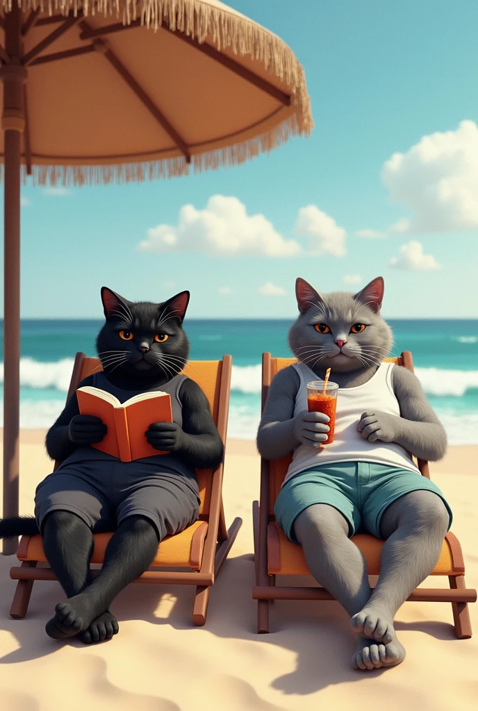 A high-quality photo featuring a female black cat and a male grey cat, both anthropomorphized with furry bodies, relaxing on a sandy beach. The black cat, with sleek, shiny fur, is dressed in yoga pants and a casual top, while the grey cat, with soft, fluffy fur, wears shorts and a loose tank top. They are lounging on beach chairs under a large umbrella, with the ocean waves gently rolling in the background. The black cat is reading a book, while the grey cat is sipping on a cold beverage, with the warm sunlight enhancing the rich textures of their fur.
