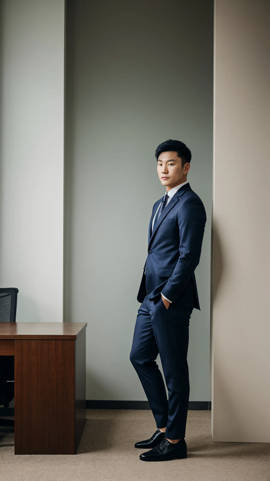 A young muscular short Korean businessman in suit and shoes, standing in an office, looking to camera, photography,cozy atmosphere, morning scene,tranquil surroundings,fierce expression,masculine gesture, peaceful environment,pleasant weather,blissful ambiance,textured fabrics,exquisite detailing, cozy atmosphere,sunny day,bright and cheerful,face to viewer,body facing to viewer,full body portrait,tall background