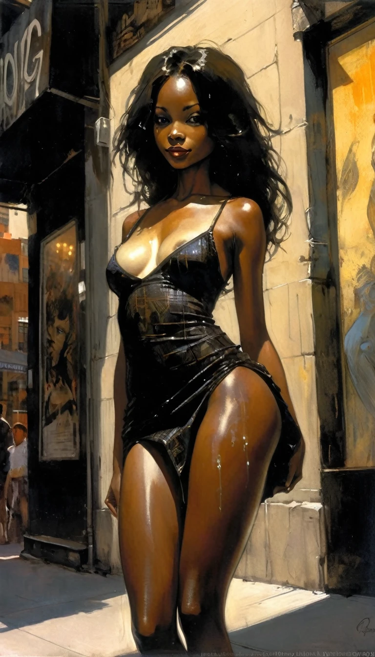 on the city street, in front, very sexy girl, Colombian, black skin, long hair, wearing a sexy dress, looks at us, smiles. She lifts her skirt and shows her panties,eroticism, perfect ass, sexy, black and white image, between shadows, oil painting, chiaroscuro, sensual, dramatic lighting, moody atmosphere, photorealistic, intricate details, masterpiece, ultra-detailed, high quality, 8k, best quality, realistic, cinematic, dark and brooding, expressionistic, powerful composition, emotional impact, {{{,{pussy,spread her pussy,cum,cum on pussy,masterbation,straddling,},{{{back,doggystyle,penis,1boy}}},cute,ultra detailed skin,sketch}}}, art inspired by Bill Sienkiewicz and Dave McKean