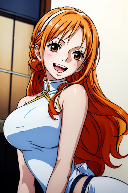 (((masterpiece))), (((Highest quality))), ((Very detailed)), (Highly detailed CG illustrations), we, (Browsing Caution:1.2), (masterpiece:1.5), Detailed Photos, smile, sexy, (Highest quality: 1.4), (One person), beautiful Face, (Orange Hair, Long Hair: 1.3), beautiful Hairstyle,  beautifulディテールの目, (Realistic Skin), beautiful肌, Absurd, Charm, 超High resolution, High resolution, (Sexually excited:1.5), Pinkish white skin, Cool white light, sexyなポーズ, beautiful , White Background, Pink soft white light, Cross-body bodysuit,Large Breasts, Marshmallow-like breasts