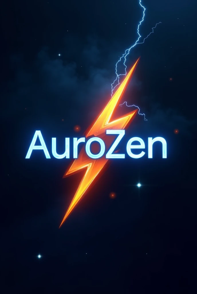 Create a 4D and 4K logo-like image with a blue and orange colored lightning bolt and have the full name AuroZen written on the lightning bolt. The logo should be in the shape of a lightning bolt.