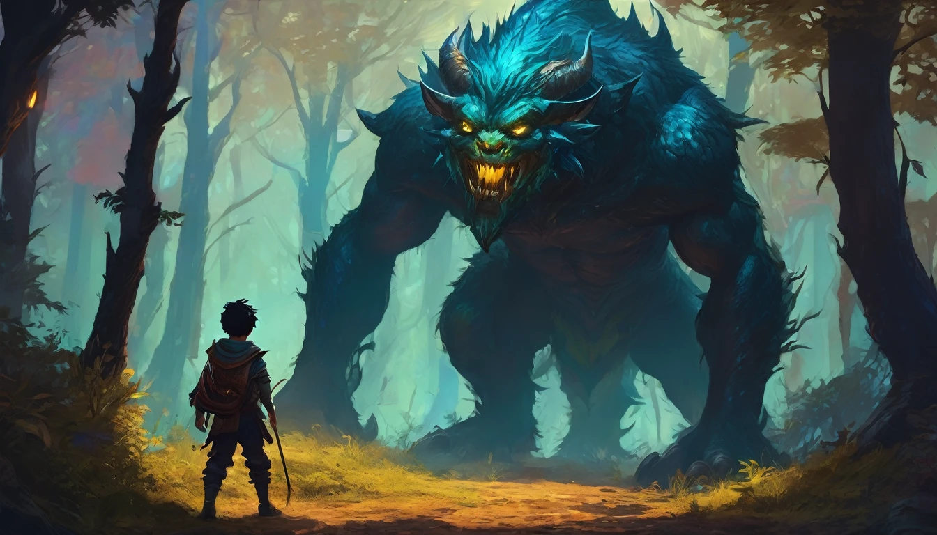 CLOSE UP human boy walking in a dense forest,monster , um monstro de aparência espectral, NIGHT, MEDIEVAL STYLE,high fantasy RPG style, League of Legends-inspired art style, dynamic poses, detailed facial features, cinematic lighting, vibrant colors, dramatic atmosphere, gritty realism, masterpiece, best quality, ultra-detailed, VALORANT
