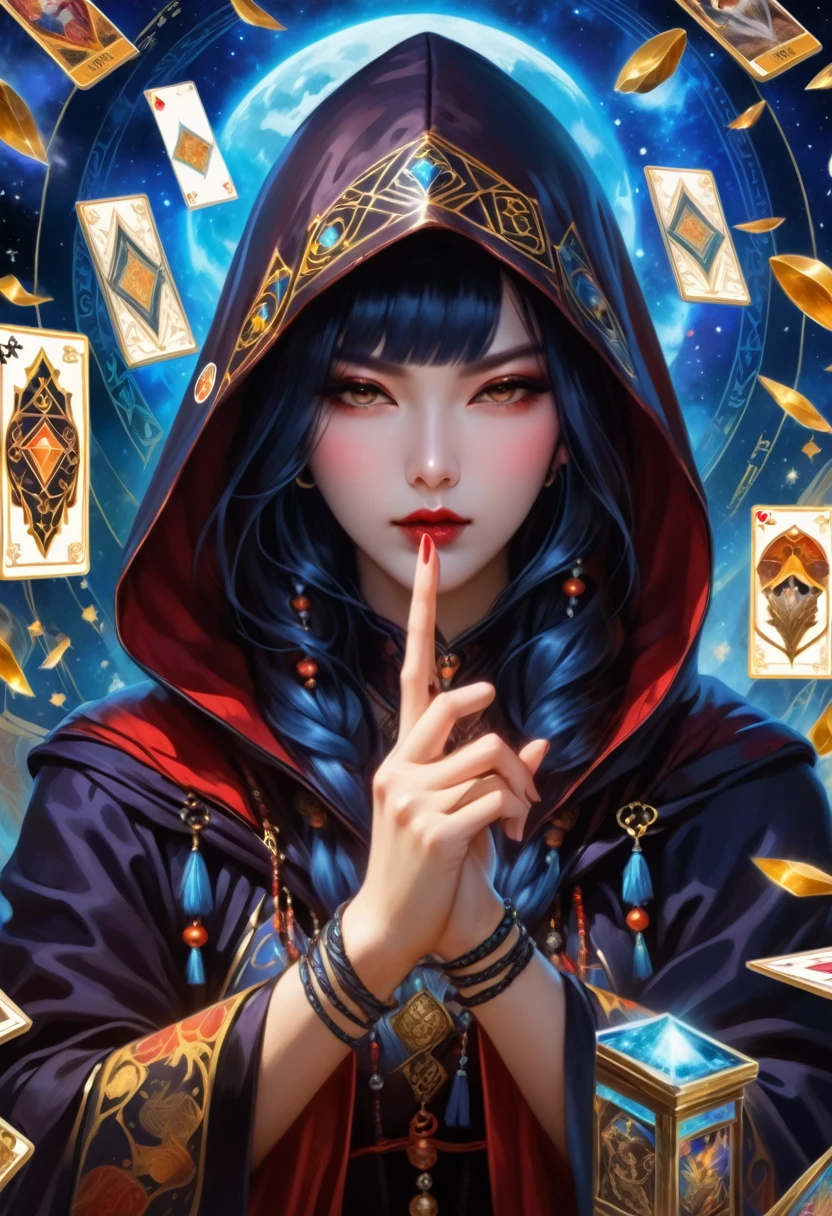 onmyoji,Metal photo frame,card,tarot cards:1.37.Mysterious fortune teller wearing hood,Finger taps an array of tarot cards in the air,Symbols and mystical elements,ancient mysterious atmosphere,Realistic illustrative details,Vibrant and energetic composition,estilo dark,Gothic style