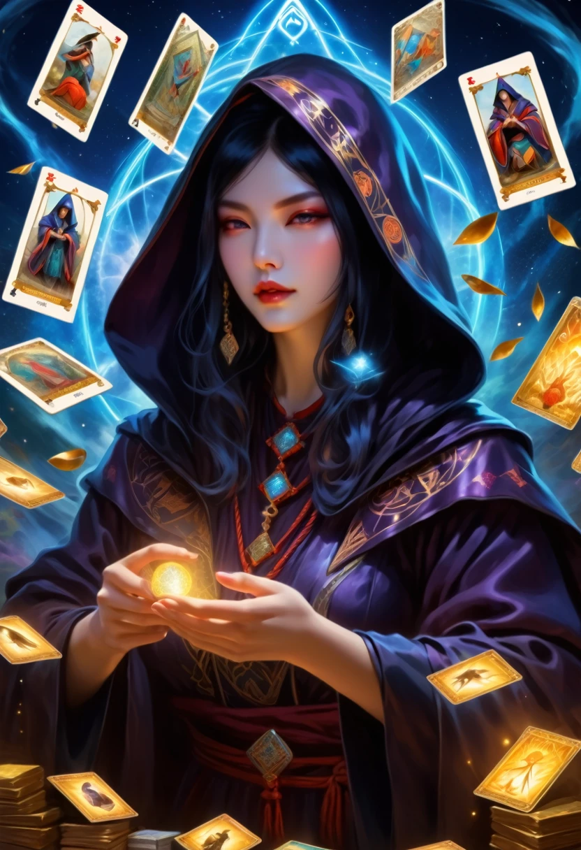 onmyoji,Metal photo frame,card,tarot cards:1.37.Mysterious fortune teller wearing hood,Finger taps an array of tarot cards in the air,Symbols and mystical elements,ancient mysterious atmosphere,Realistic illustrative details,Vibrant and energetic composition,estilo dark,Gothic style