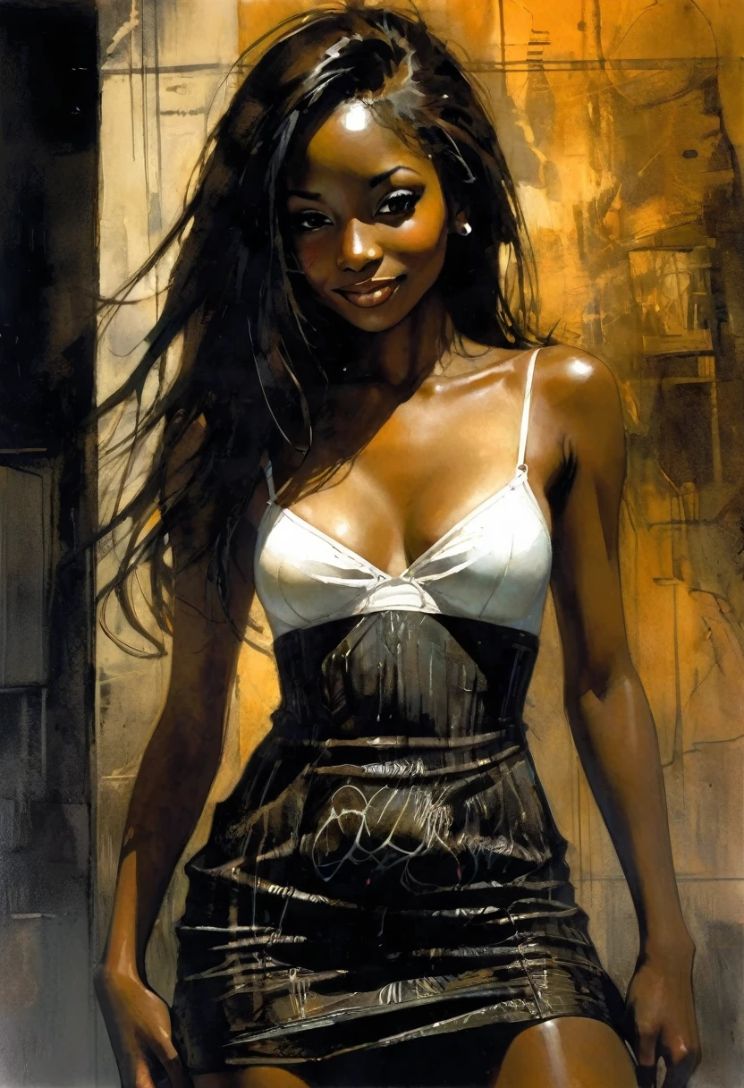 on the city street, in front, very sexy girl, Colombian, black skin, long hair, wearing a sexy dress, looks at us, smiles. She lifts her skirt and shows her panties,eroticism, sexy, black and white image, between shadows, oil painting, chiaroscuro, sensual, dramatic lighting, moody atmosphere, photorealistic, intricate details, masterpiece, ultra-detailed, high quality, 8k, best quality, realistic, cinematic, dark and brooding, expressionistic, powerful composition, emotional impact, {{{,{pussy,spread her pussy,cum,cum on pussy,masterbation,straddling,},{{{back,doggystyle,penis,1boy}}},cute,ultra detailed skin,sketch}}}, art inspired by Bill Sienkiewicz and Dave McKean
