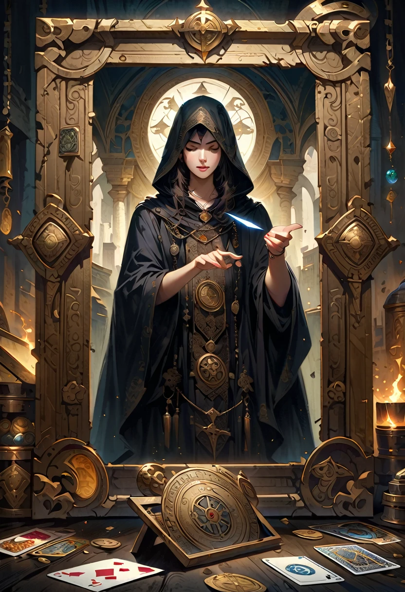 Astrologer，Metal photo frame，card，tarot cards：1.37.Mysterious fortune teller in cloak，Finger taps an array of tarot cards in the air，Mystical symbols and elements，Ancient mysterious atmosphere，Realistic illustration details，A work full of vitality and energy，Dark Style，Gothic style