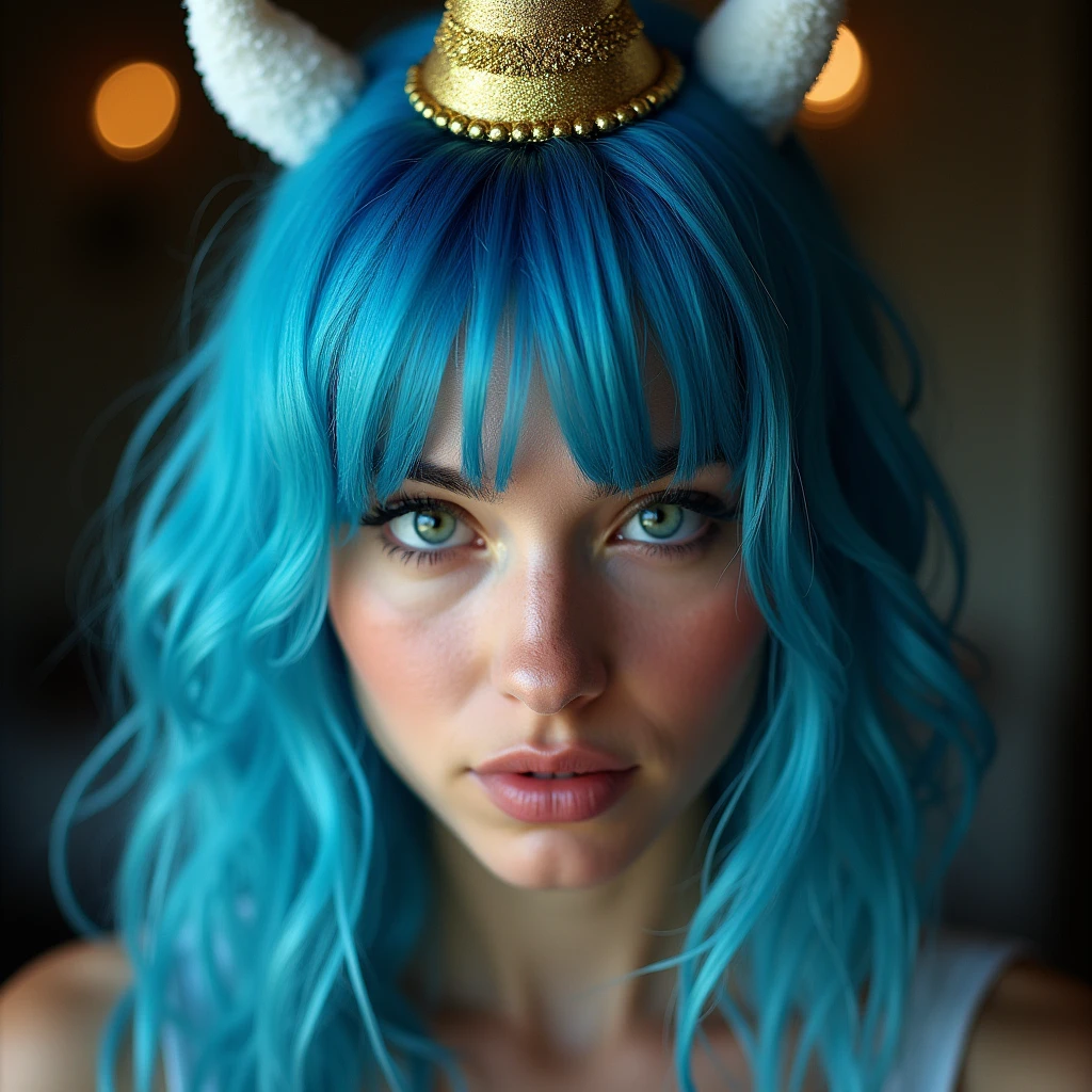 Photographie reel d’une femme avec des cheveux bleus, et un deguisement d’une corne de licorne