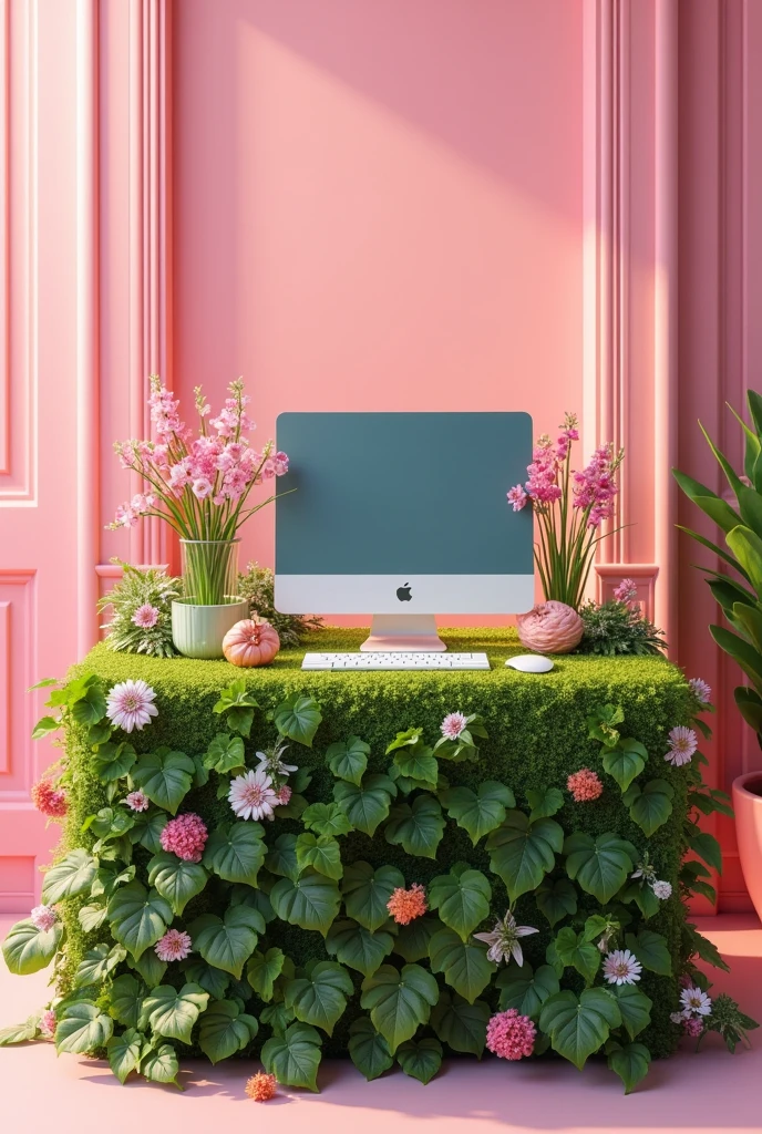 A square table in a pink room. The table is made of green plants and flowers and a computer is placed on it