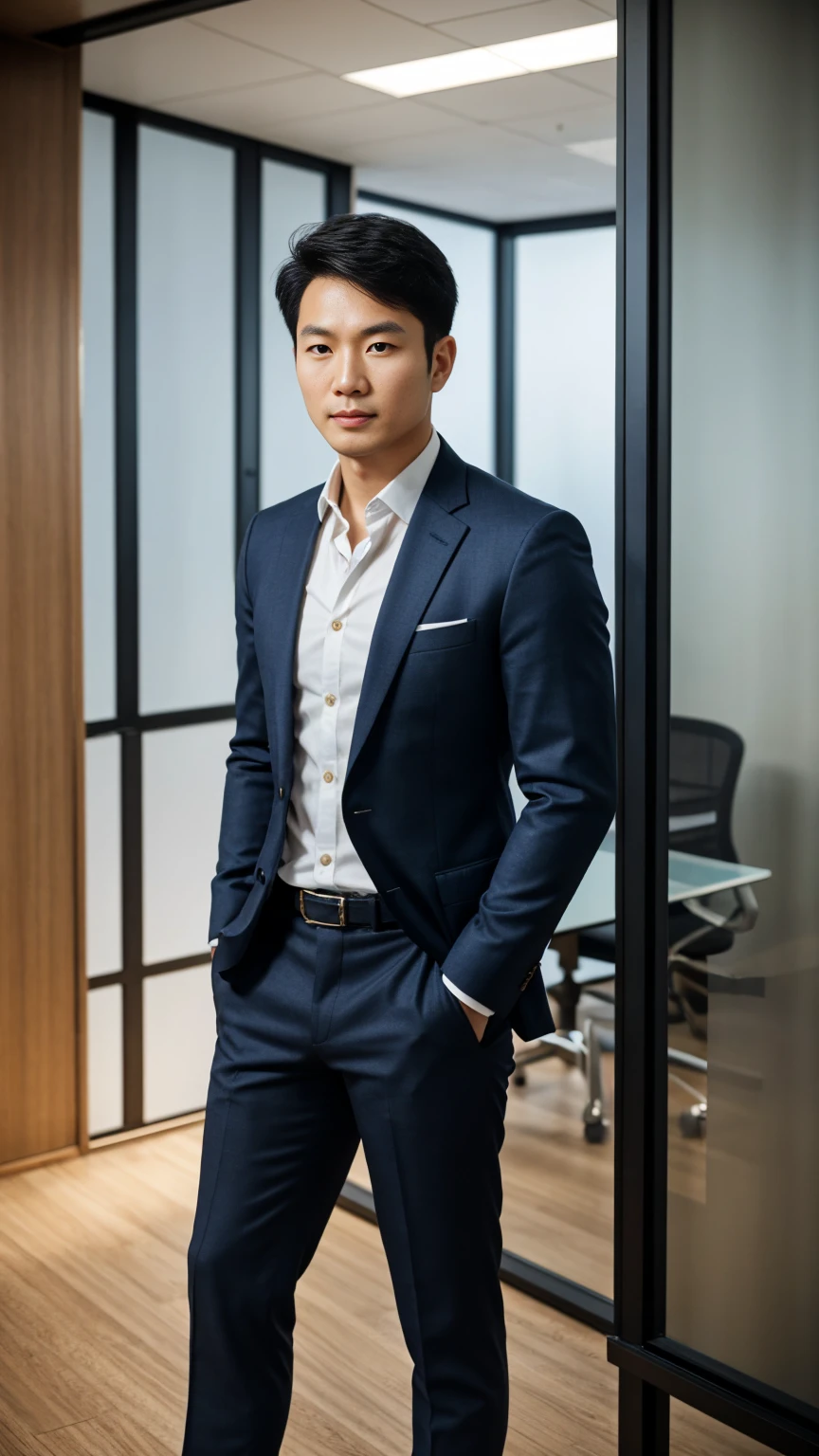 A young muscular short Korean businessman in suit and shoes, standing in an office, looking to camera, photography,cozy atmosphere, morning scene,tranquil surroundings,fierce expression,masculine gesture, peaceful environment,pleasant weather,blissful ambiance,textured fabrics,exquisite detailing, cozy atmosphere,sunny day,bright and cheerful,face to viewer,body facing to viewer,full body portrait,tall background