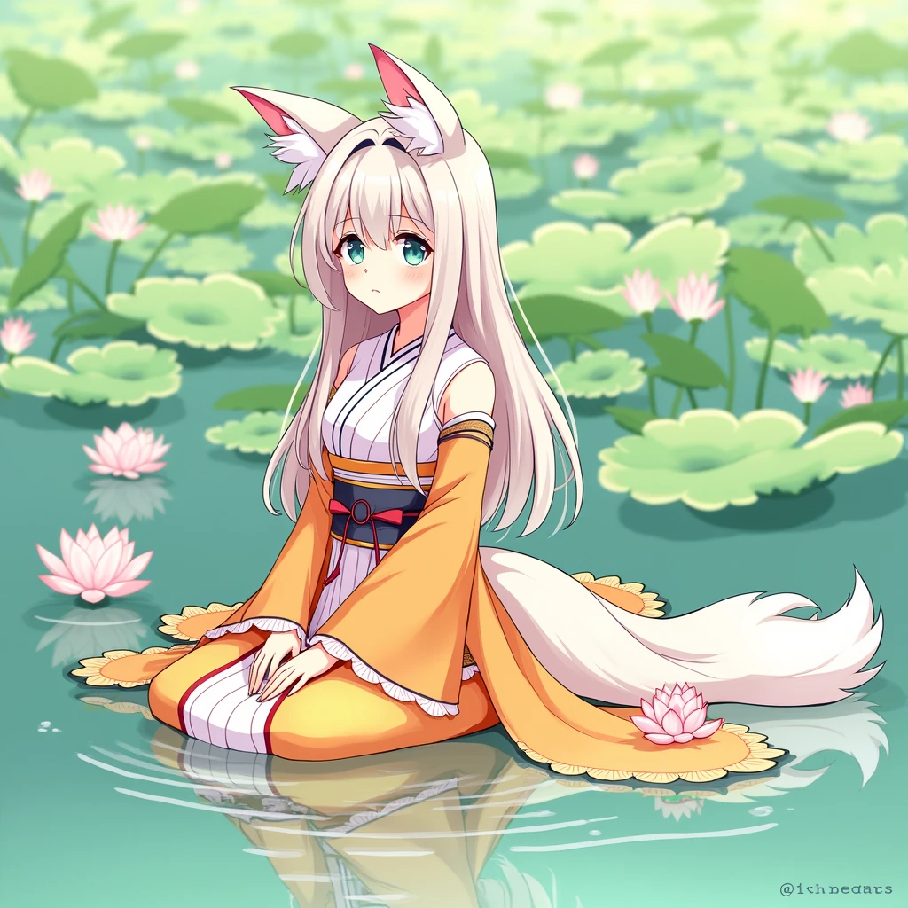 nonsense, high resolution, very detailed, (1 woman:1.3), hand drawn, Simple lines, 16-year-old girl wearing a brightly colored Hanfu dress, Sexy fox-eared girl, By the lotus pond, Masterpiece, Sitting in the water, floating clothes, Slippery hair