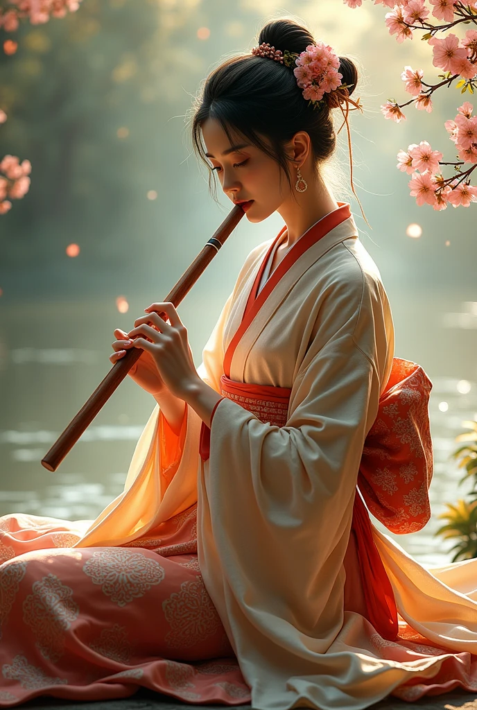 A woman playing a transverse flute in traditional Japanese attire