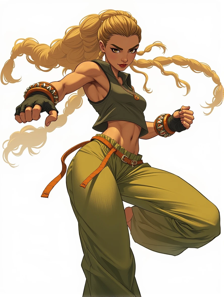 Street fighter concept art, oc character, Brazilian colors, woman, long blonde braided hair, fingerless combat gloves, tank top, long pants, Capoiera belt, fighting pose,