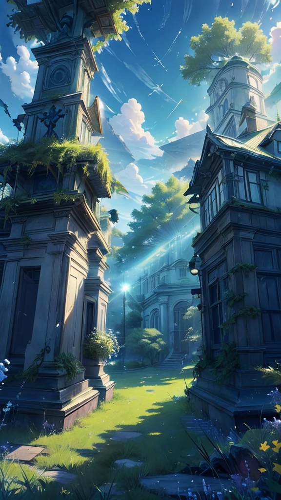 Green field, in the center a wooden cross, blue sky with two angels one on each side playing a golden trumpet
