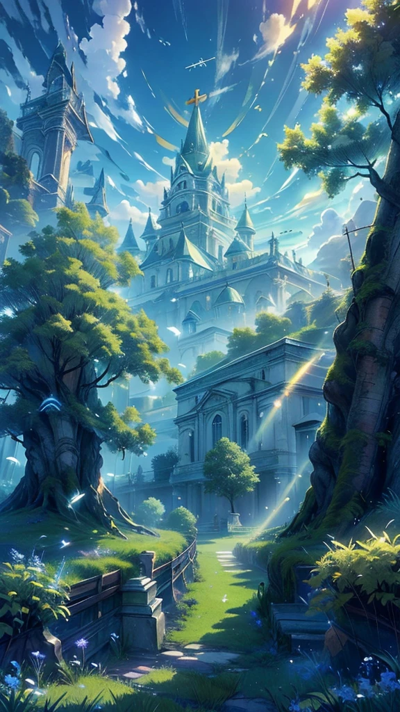 Green field, in the center a wooden cross, blue sky with two angels one on each side playing a golden trumpet