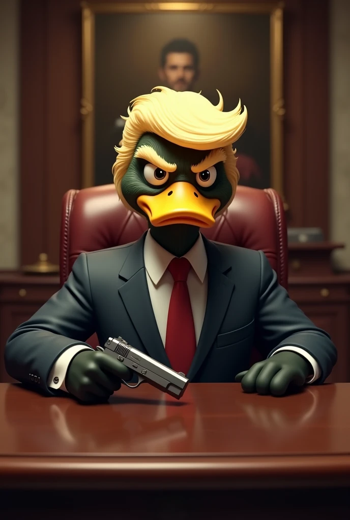 Mafia duck with hairstyle of donald trump, sitting in office, gun on the table