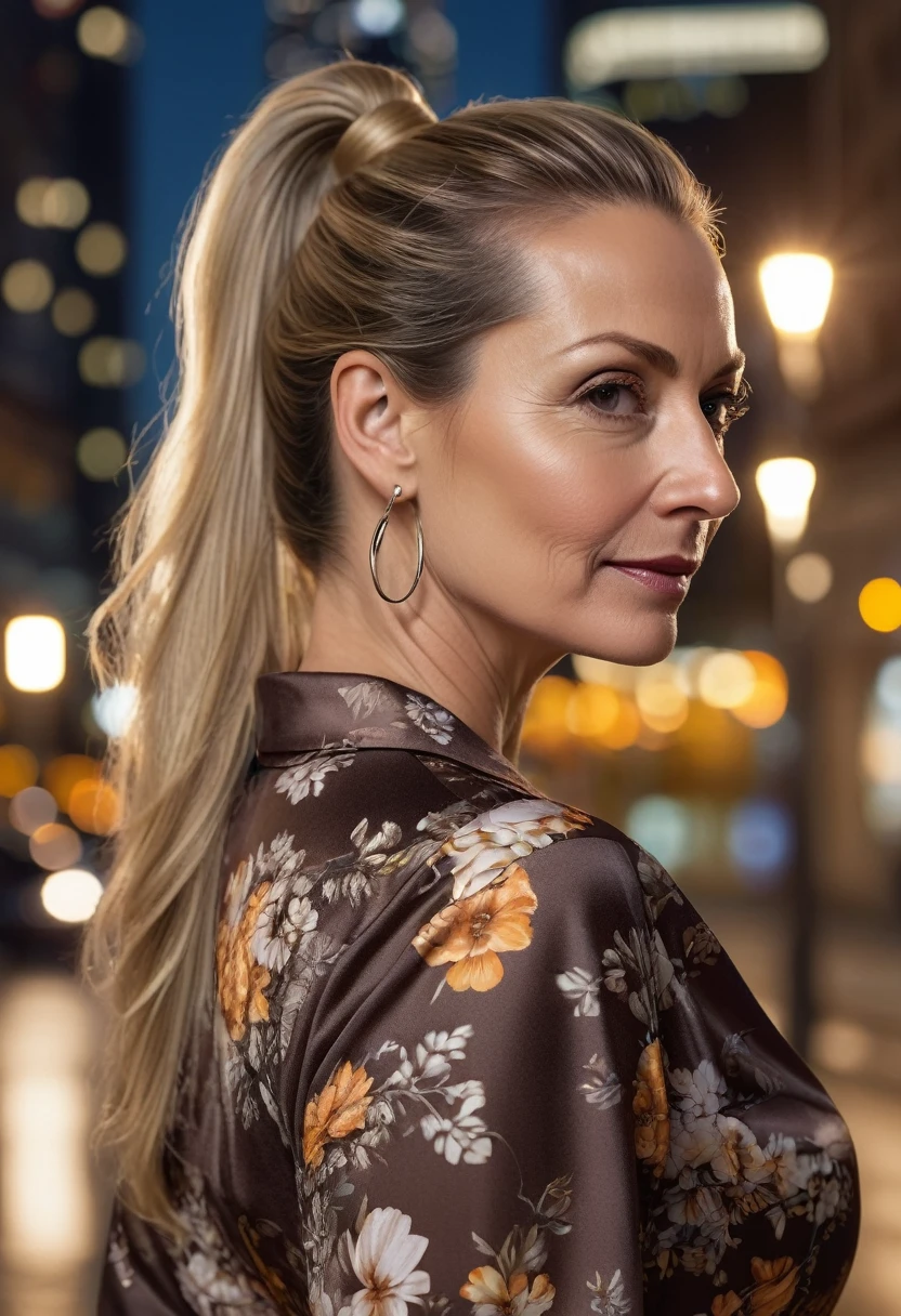 Close-up, 8K quality, realistic image of a beautiful 45 year old European woman with long blonde hair tied back in a ponytail. She had a curvy body with slightly larger breasts and was wearing a brown floral patterned blouse and a short skirt. He stood in the city at night, with the soft city lights illuminating him. The background features city buildings, street lights, and a vibrant night scene, highlighting its calm and elegant presence in the urban environment.