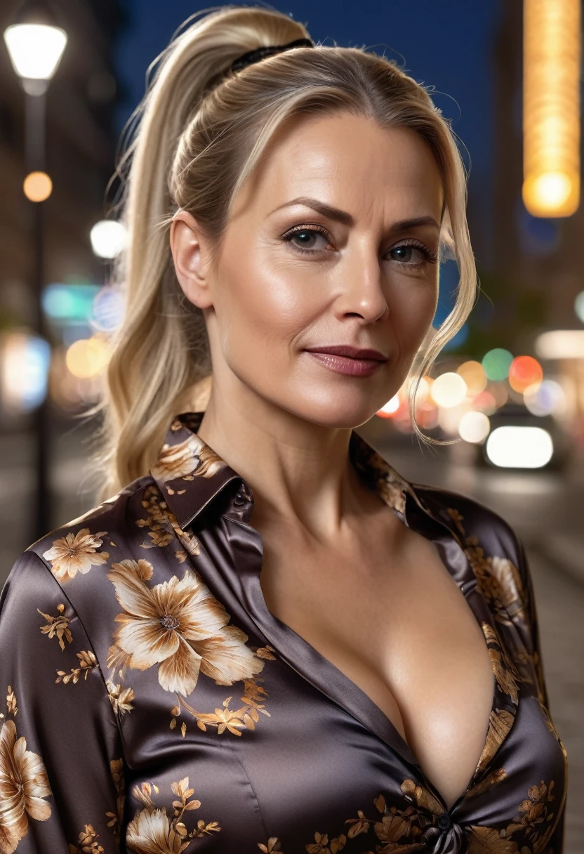 Close-up, 8K quality, realistic image of a beautiful 45 year old European woman with long blonde hair tied back in a ponytail. She had a curvy body with slightly larger breasts and was wearing a brown floral patterned blouse and a short skirt. He stood in the city at night, with the soft city lights illuminating him. The background features city buildings, street lights, and a vibrant night scene, highlighting its calm and elegant presence in the urban environment.