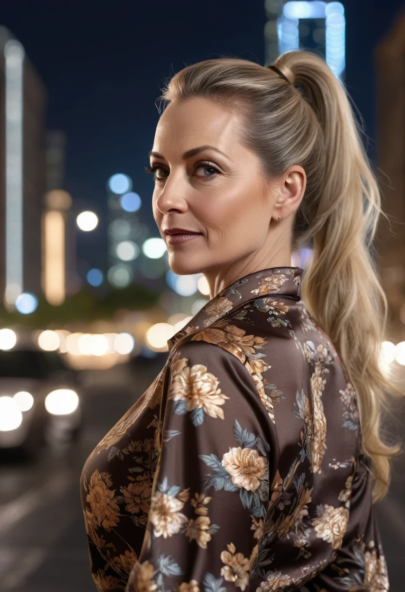 Close-up, 8K quality, realistic image of a beautiful 45 year old European woman with long blonde hair tied back in a ponytail. She had a curvy body with slightly larger breasts and was wearing a brown floral patterned blouse and a short skirt. He stood in the city at night, with the soft city lights illuminating him. The background features city buildings, street lights, and a vibrant night scene, highlighting its calm and elegant presence in the urban environment.