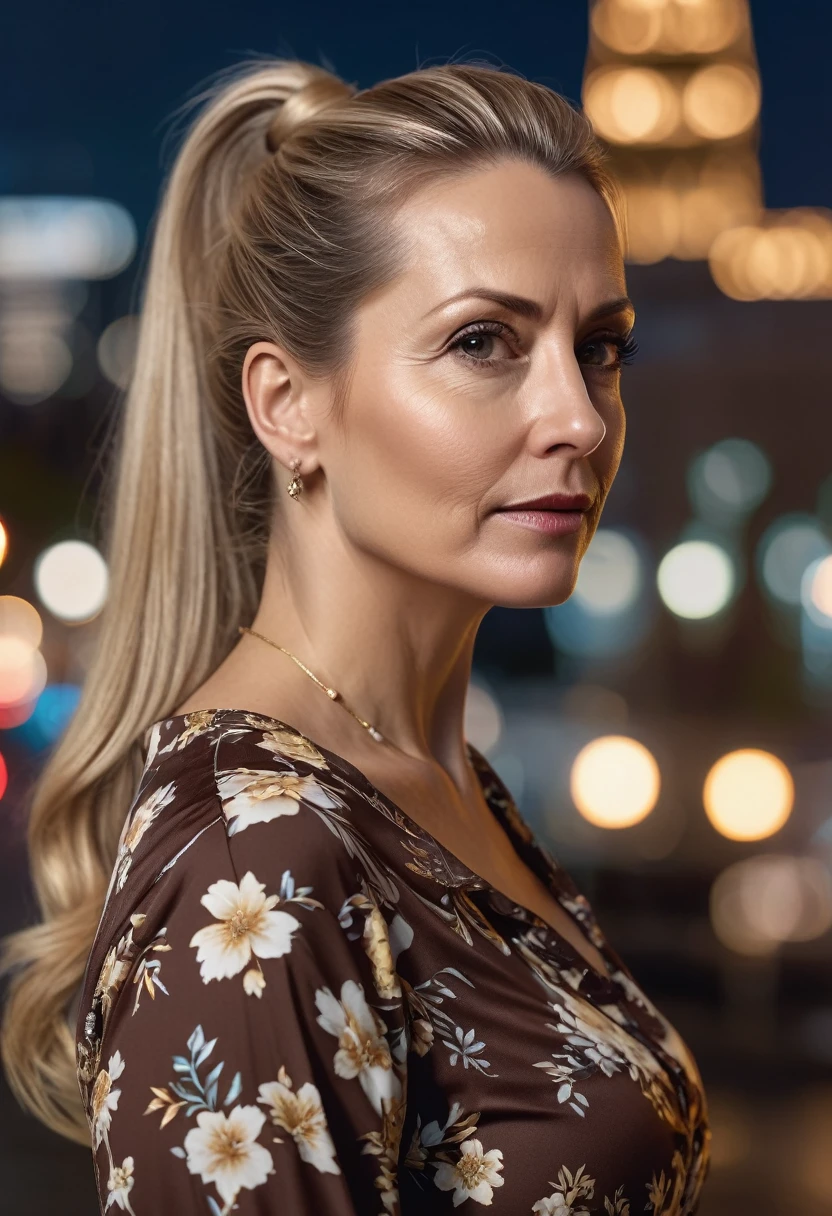 Close-up, 8K quality, realistic image of a beautiful 45 year old European woman with long blonde hair tied back in a ponytail. She had a curvy body with slightly larger breasts and was wearing a brown floral patterned blouse and a short skirt. He stood in the city at night, with the soft city lights illuminating him. The background features city buildings, street lights, and a vibrant night scene, highlighting its calm and elegant presence in the urban environment.