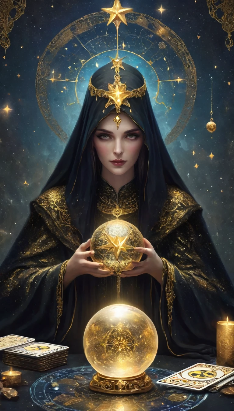 Gorgeous Tarot, A robed astrologer sits quietly at a table covered with symbols，Holding a crystal star ball in hand, There is text at the bottom of the card, fit snugly on face, tarot, Very high texture quality, Front and sides, Full of mysterious magic, the Front and sides are on the card, The overall color is dark black and bright gold, Reflective shiny gold, Ultra-detailed face, Ultra-fine clothing texture, Ultra Detailed,