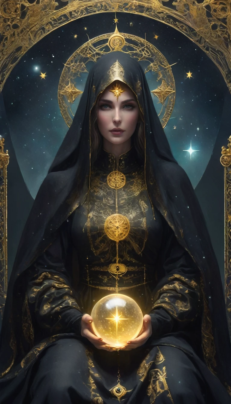 Gorgeous Tarot, A robed astrologer sits quietly at a table covered with symbols，Holding a crystal star ball in hand, There is text at the bottom of the card, fit snugly on face, tarot, Very high texture quality, Front and sides, Full of mysterious magic, the Front and sides are on the card, The overall color is dark black and bright gold, Reflective shiny gold, Ultra-detailed face, Ultra-fine clothing texture, Ultra Detailed,