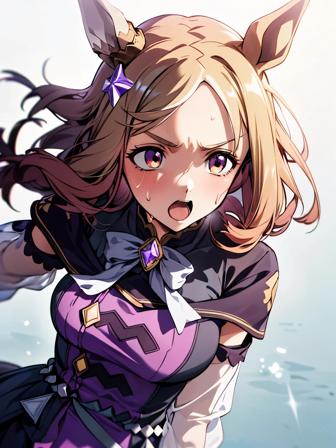 narita top road \(umamusume\), 1 girl, Solo, Best Quality, masterpiece, 8K, High resolution, Ultra-detailed, madeon, horse ears, disappointed, despair, heavy breathing, sweat:1.2, half opened mouth,