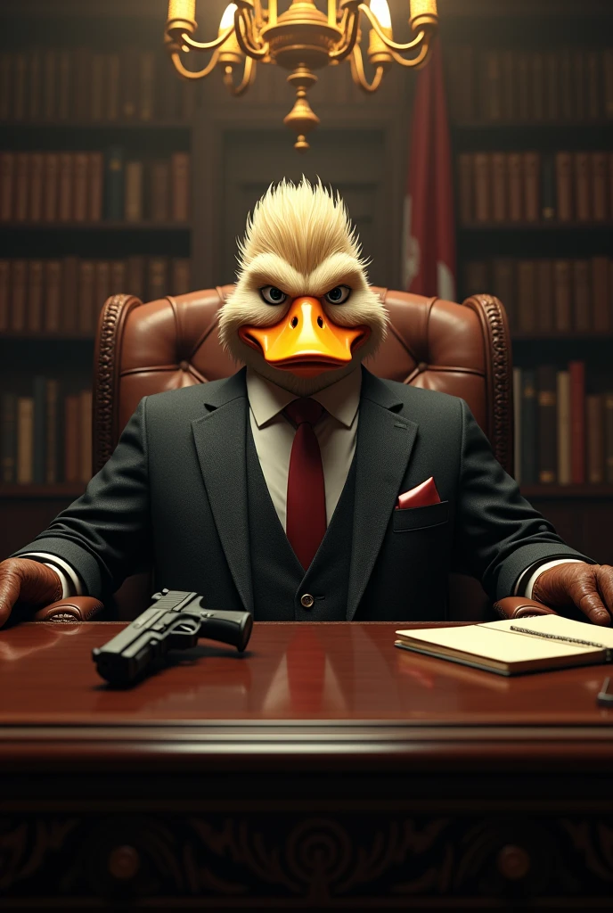 Mafia duck with hairstyle of donald trump, sitting in office, gun on the table