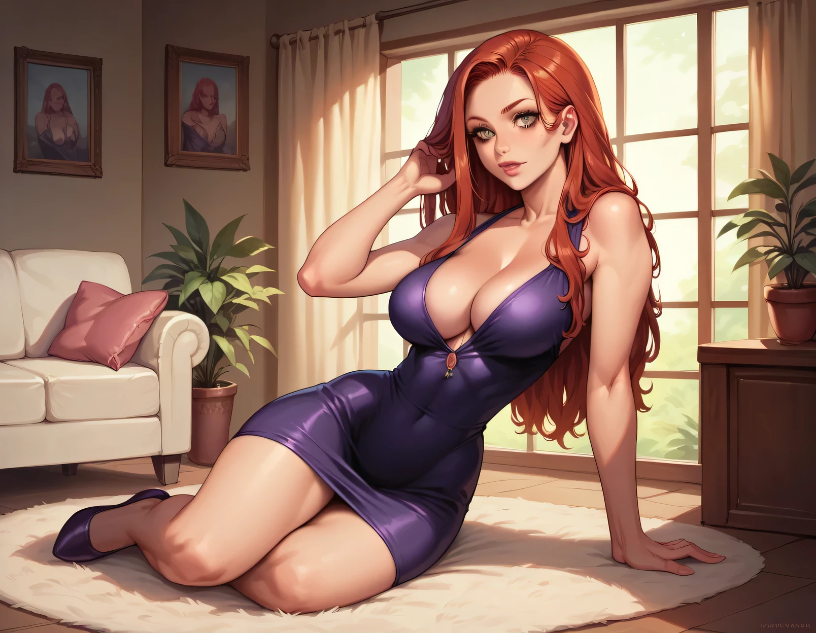 (1 girl, solo, (sexy stand posing) ), (girl is (redhead long hair), perfect body, (detailed olive eyes), (detailed face), ((dark purple mini dress, cleavage)), alluring), (background luxury modern living room, full of women's dresses and shoes), (high detail)