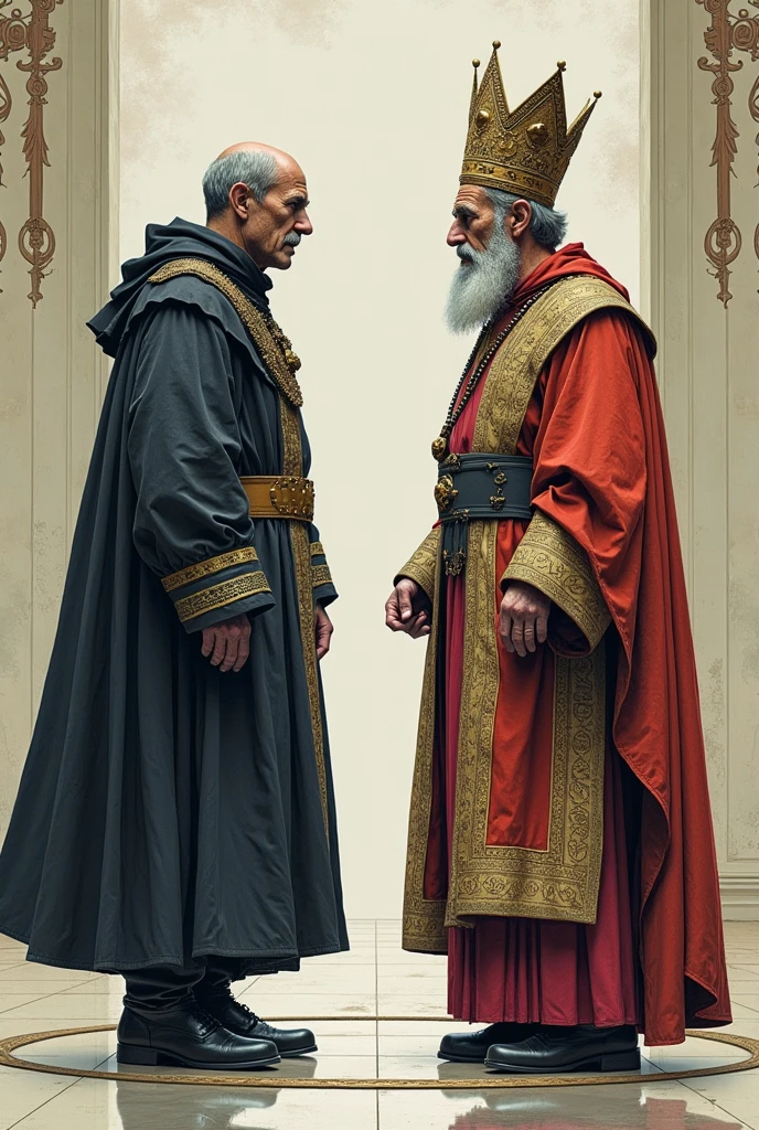 Both political and religious ideologies arguing. Let each of these ideologies be distinguished by their clothing which will represent their way of thinking that looks like a drawing. Let it be reflective