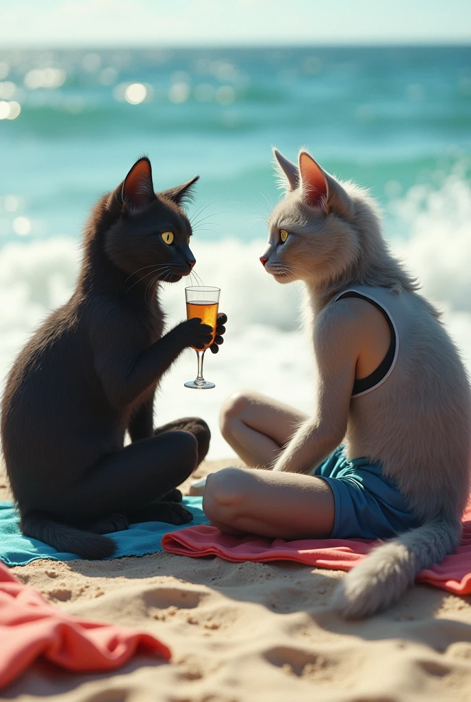 A photo-realistic image taken with an amateur camera, showing two anthropomorphic cats with furry bodies relaxing at the beach. The female black cat, with sleek, slightly messy fur, is wearing yoga pants and a crop top. The male grey cat, with a thick, slightly disheveled fur coat, is dressed in athletic shorts and a casual tank top. They are sitting on the sand, surrounded by beach towels and a few scattered items like a cooler and a beach bag. The black cat is holding a drink with a relaxed posture, while the grey cat is lounging back, gazing at the ocean. The lighting is natural, with a slightly overexposed effect typical of an amateur camera, giving the image a candid, unpolished feel.