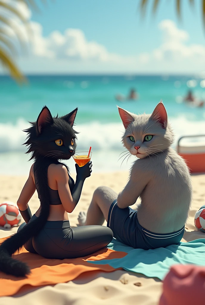 A photo-realistic image taken with an amateur camera, showing two anthropomorphic cats with furry bodies relaxing at the beach. The female black cat, with sleek, slightly messy fur, is wearing yoga pants and a crop top. The male grey cat, with a thick, slightly disheveled fur coat, is dressed in athletic shorts and a casual tank top. They are sitting on the sand, surrounded by beach towels and a few scattered items like a cooler and a beach bag. The black cat is holding a drink with a relaxed posture, while the grey cat is lounging back, gazing at the ocean. The lighting is natural, with a slightly overexposed effect typical of an amateur camera, giving the image a candid, unpolished feel.