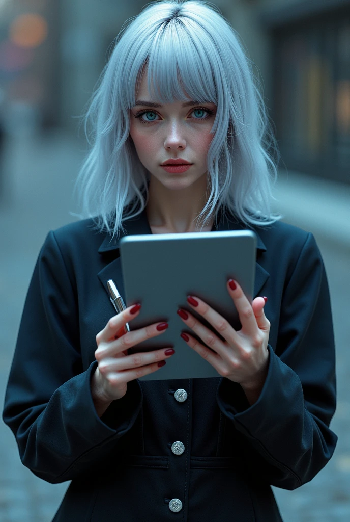  
Image of a woman with a tablet and pen, light gray hair, hair below the shoulders, blue shining eyes, Dreamy girl in cyberpunk style, In a black dress, standing straight, looks straight into the camera, hyperrealism, realistically, Hyper-Definition, 4k
