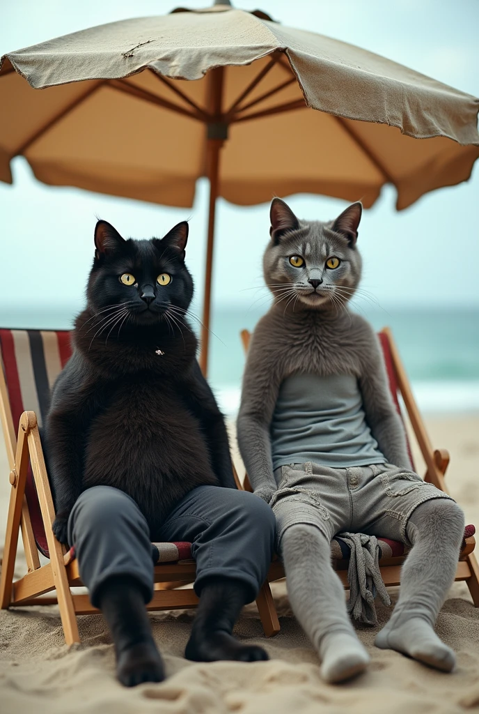 A photo-realistic scene captured with an amateur camera, featuring a female black cat and a male grey cat anthropomorphized with furry bodies, hanging out at a beach. The black cat, with shiny but imperfectly groomed fur, is dressed in yoga pants and a loose-fitting top, while the grey cat, with soft, slightly ruffled fur, wears shorts and a worn tank top. They are sitting on old beach chairs under a faded umbrella, with the ocean in the background. The image has the slightly blurred and uneven lighting typical of a snapshot from an amateur camera, adding to the casual, relaxed vibe.
