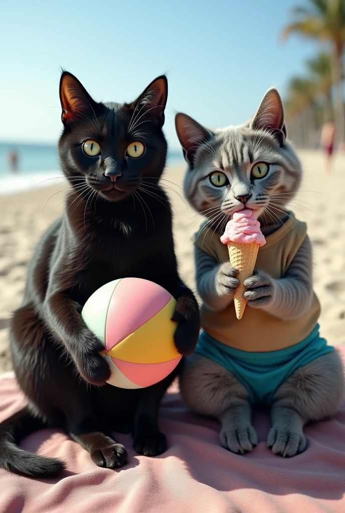 A photo-realistic, candid shot taken with an amateur camera, showing an anthropomorphic black cat and grey cat with furry bodies, casually relaxing at the beach. The black cat, with sleek but slightly tousled fur, is wearing yoga pants and a simple tank top, while the grey cat, with thick, somewhat matted fur, is in athletic shorts and a sleeveless shirt. They are seated on a beach towel, with the black cat holding a beach ball and the grey cat enjoying an ice cream cone. The beach is visible in the background, with the ocean and some people in the distance. The image has a natural, unrefined quality, with the lighting slightly uneven and a bit of lens flare, typical of a quick shot taken by an amateur.
