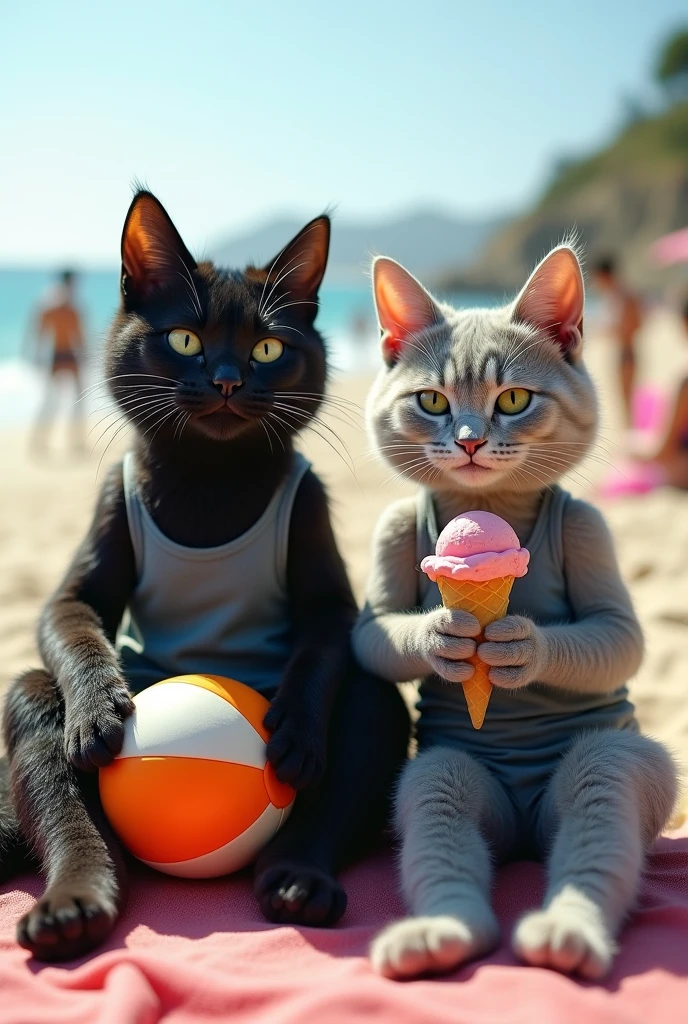 A photo-realistic, candid shot taken with an amateur camera, showing an anthropomorphic black cat and grey cat with furry bodies, casually relaxing at the beach. The black cat, with sleek but slightly tousled fur, is wearing yoga pants and a simple tank top, while the grey cat, with thick, somewhat matted fur, is in athletic shorts and a sleeveless shirt. They are seated on a beach towel, with the black cat holding a beach ball and the grey cat enjoying an ice cream cone. The beach is visible in the background, with the ocean and some people in the distance. The image has a natural, unrefined quality, with the lighting slightly uneven and a bit of lens flare, typical of a quick shot taken by an amateur.