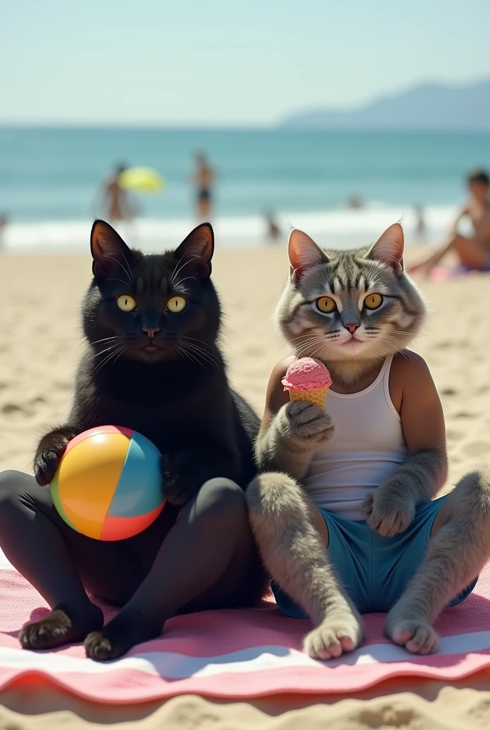 A photo-realistic, candid shot taken with an amateur camera, showing an anthropomorphic black cat and grey cat with furry bodies, casually relaxing at the beach. The black cat, with sleek but slightly tousled fur, is wearing yoga pants and a simple tank top, while the grey cat, with thick, somewhat matted fur, is in athletic shorts and a sleeveless shirt. They are seated on a beach towel, with the black cat holding a beach ball and the grey cat enjoying an ice cream cone. The beach is visible in the background, with the ocean and some people in the distance. The image has a natural, unrefined quality, with the lighting slightly uneven and a bit of lens flare, typical of a quick shot taken by an amateur.