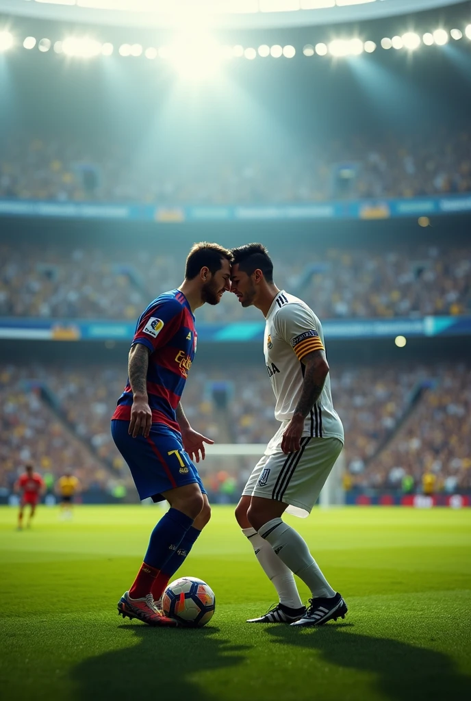 Messi makes a little tunnel to Cristiano Ronaldo in a super stadium full of people and everyone sees it and nobody can believe it